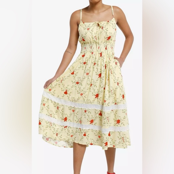 Her Universe Dresses & Skirts - Her Universe Pale Yellow Midi Dress with Red Floral Print